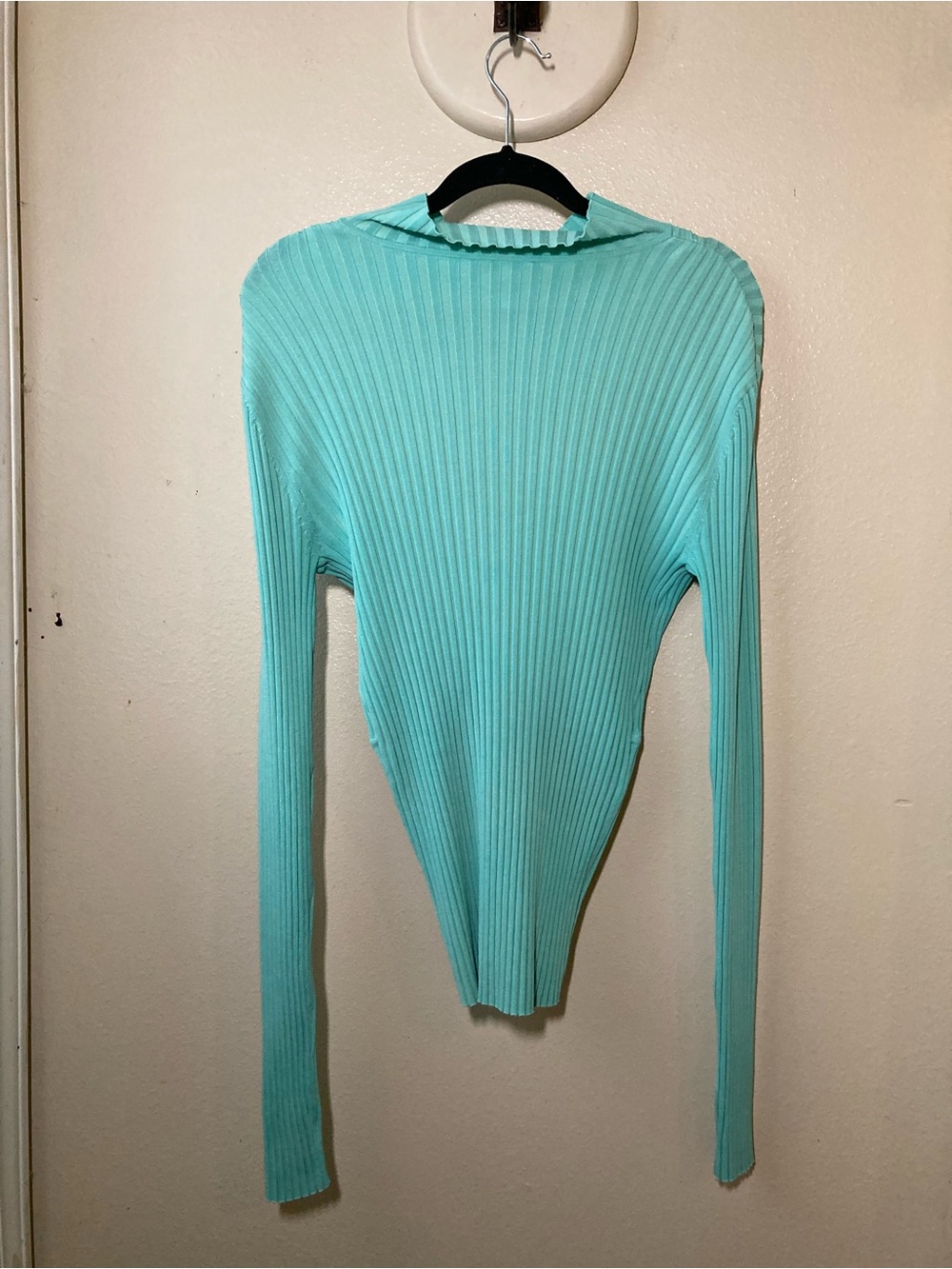 Cache Silk Turquoise Ribbed Zip-Front Ruffle Collar Blouse Rhinestone Zipper - Picture 4 of 11